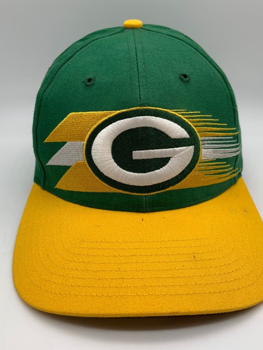 RARE VTG Green Bay Packers Spike Striped Trapezium Fade Logo Snapback Hat